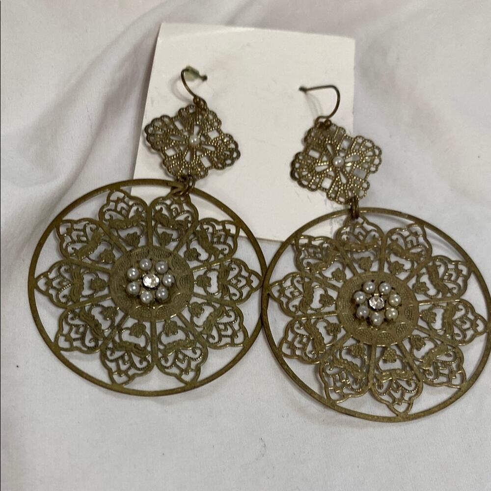 Gold Brass Tone Filigree Disk Dangle Earrings w/ Rhinestone Accents Boho Gypsy
